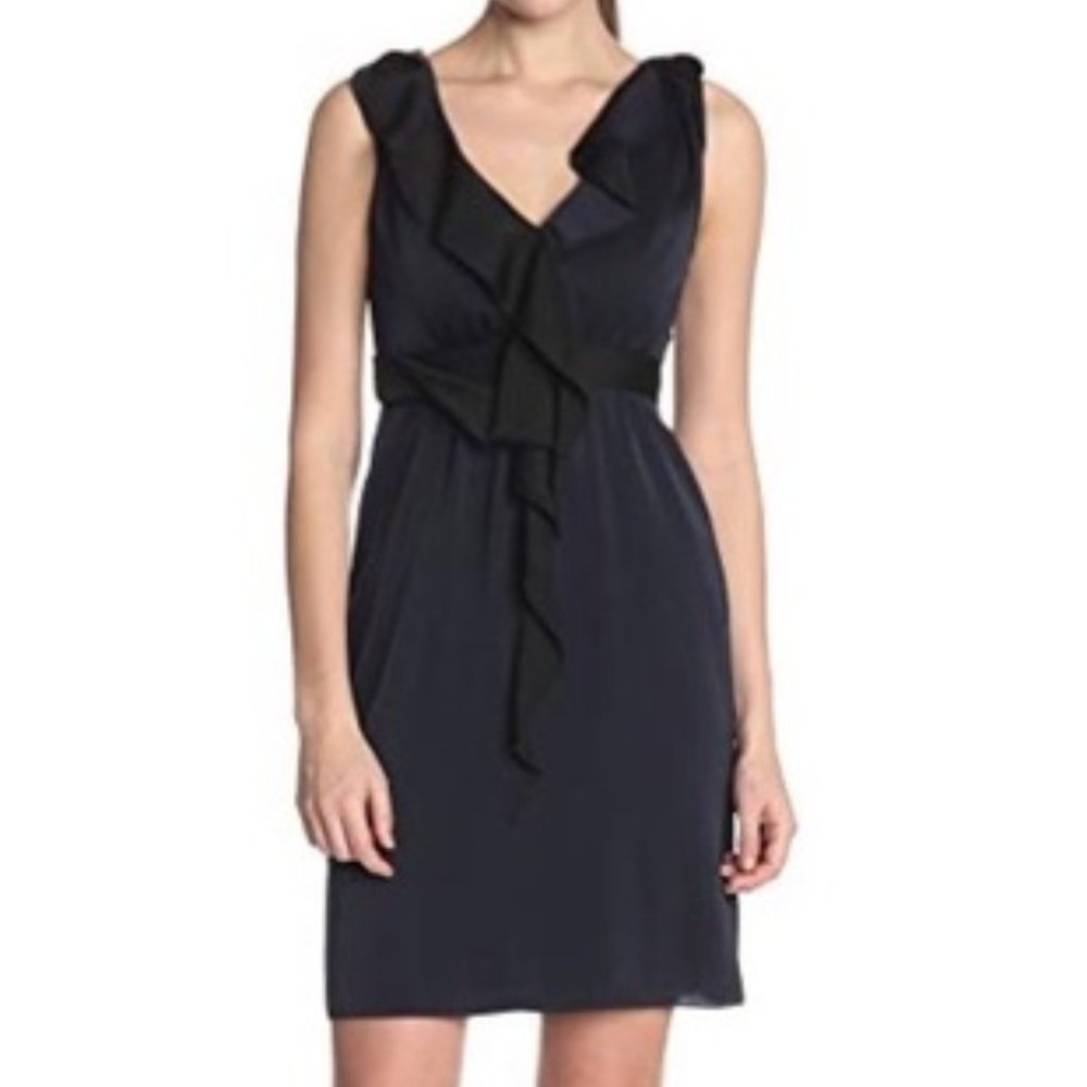 NWT Elie Tahari Ruffle Neck Navy Silk Dress | Size 2